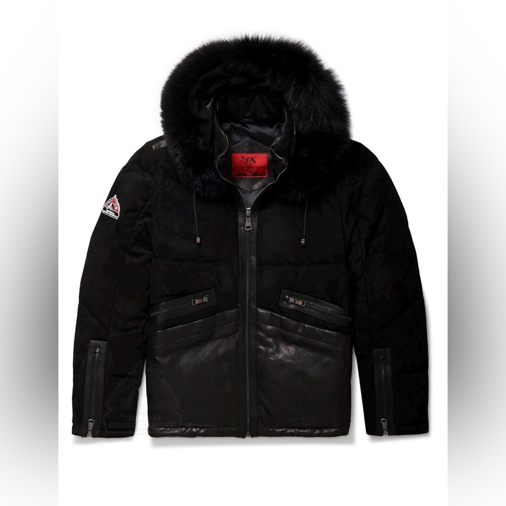 Original Goose Country Mens Leon Suede Goose Down Black Jacket Fox Fur Hood XL